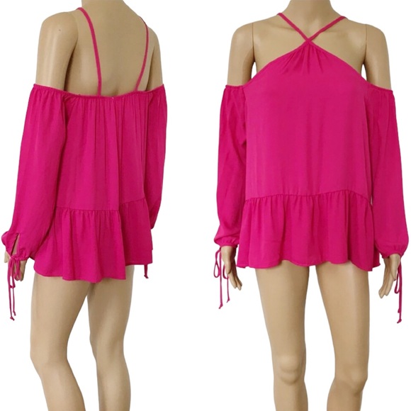 Sienna Sky Fuchsia Cold Shoulder Halter Ruffle Drop Waist Long Sleeve Blouse - Picture 9 of 12